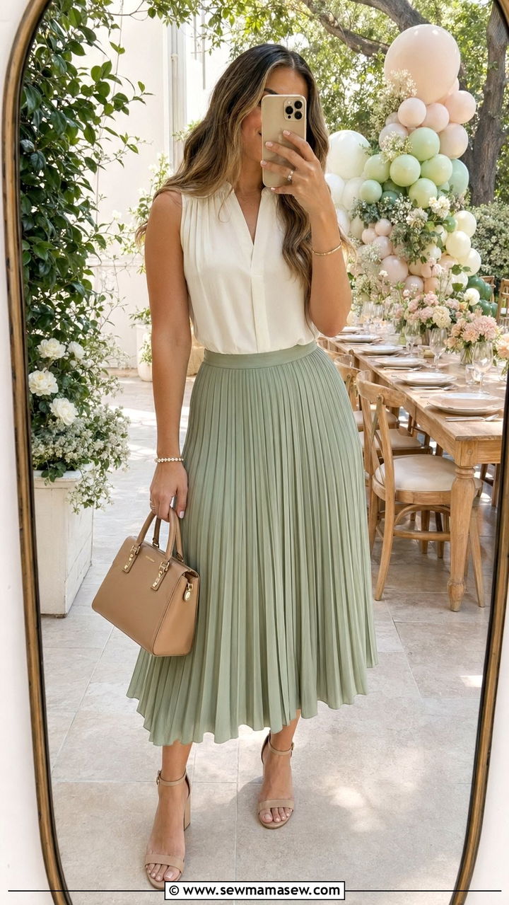 Sage Green Pleated Midi Skirt and Sleeveless Blouse - 30 Baby shower outfits for guests
