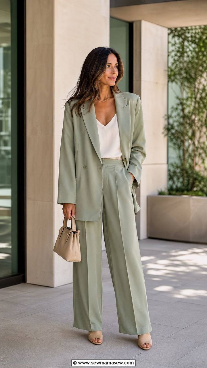 Sage Green Relaxed Suit Outfit - 35 spring chic outfit ideas