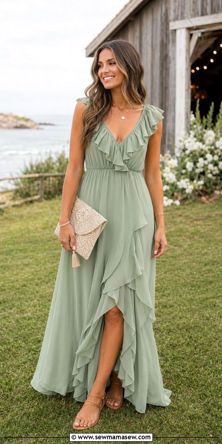 Sage Green Ruffled Maxi Dress with Sandals - 30 Barn wedding guest outfit ideas