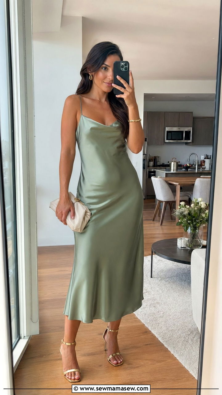 Sage Green Satin Slip Dress Wedding Guest Outfit - 35 Pastel wedding guest outfits
