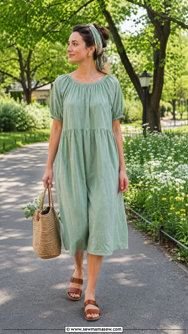 Sage Green Smock Dress With Leather Sandals - 35 summer cottagecore outfit ideas