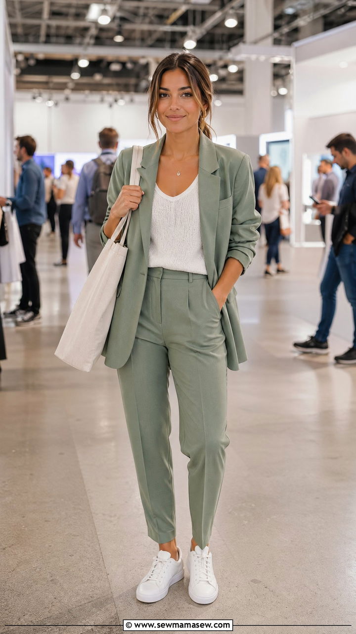 Sage Green Suit With Clean White Sneakers - 35 Work conference outfit ideas