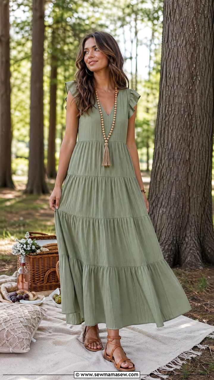 Sage Green Tiered Maxi Dress And Beaded Necklace - 35 Summer picnic outfits