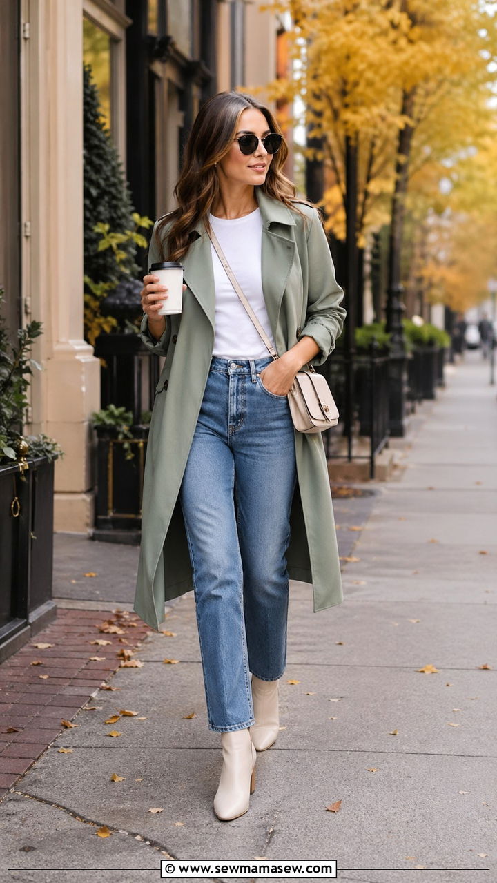 Sage Green Trench Coat and Straight Leg Jeans Outfit - 40 All sage green outfit ideas