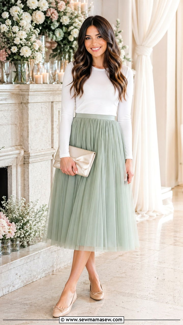 Sage Green Tulle Midi Skirt and Fitted Top Outfit - 40 All sage green outfit ideas