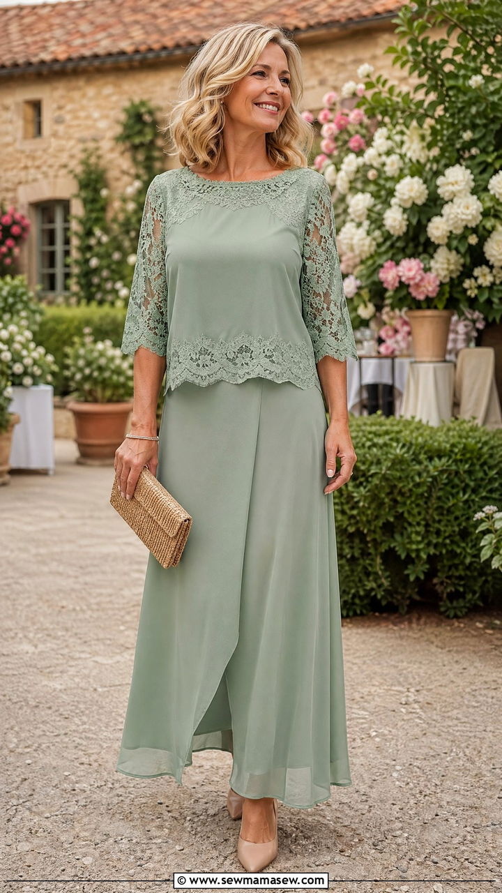 Sage Green Two Piece Skirt Set for Wedding - 35 Wedding guest outfits for women over 50
