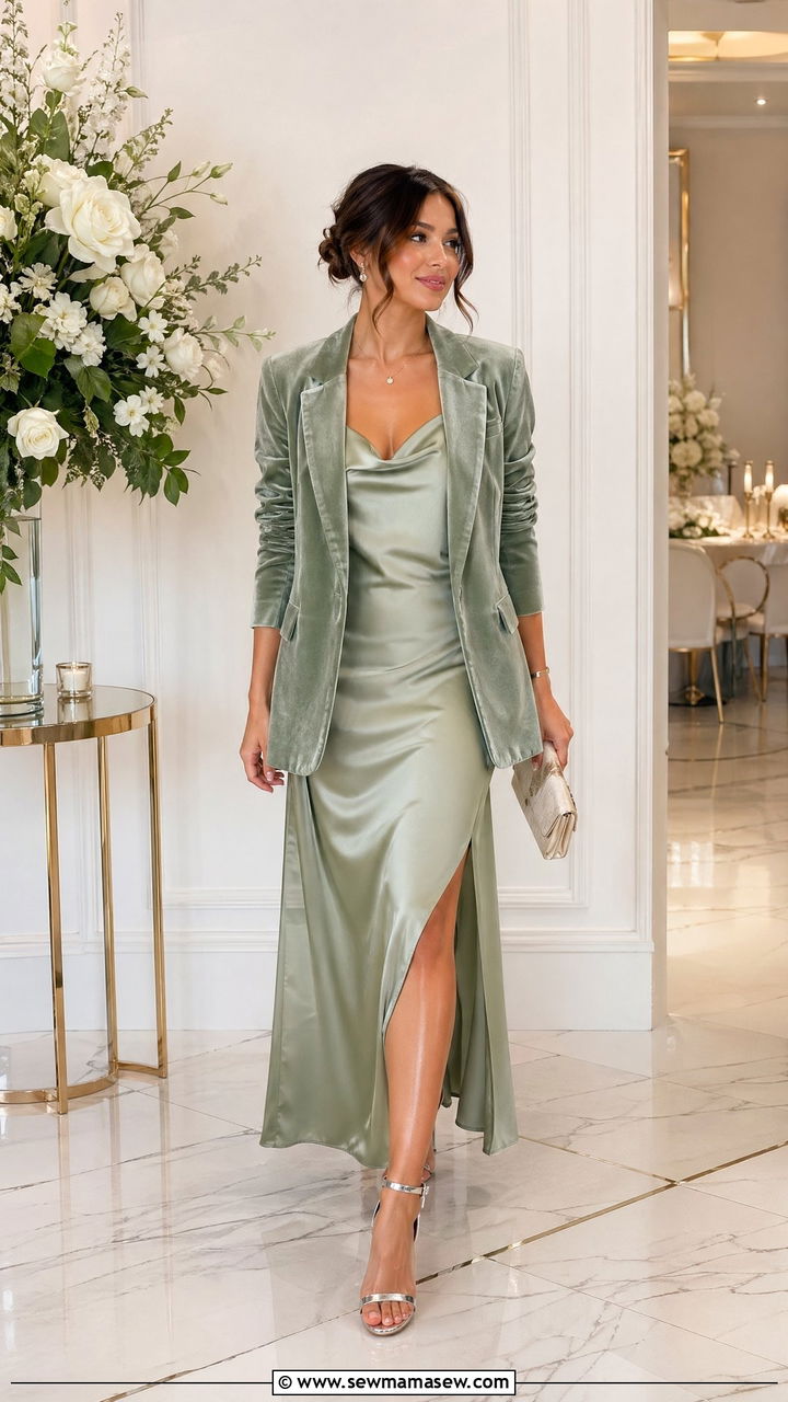 Sage Green Velvet Blazer and Satin Slip - 35 wedding guest outfits