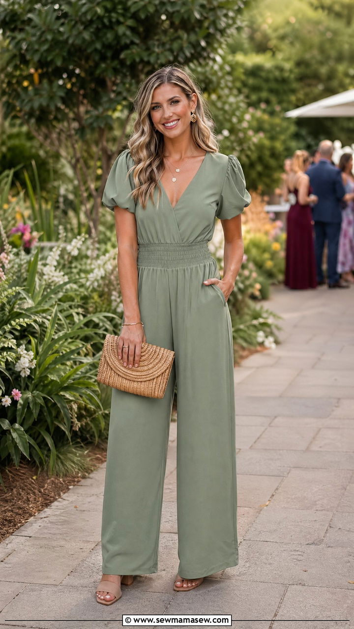 Sage Green Wide Leg Jumpsuit With Puff Sleeves - 35 Wedding guest wide leg pants outfit ideas