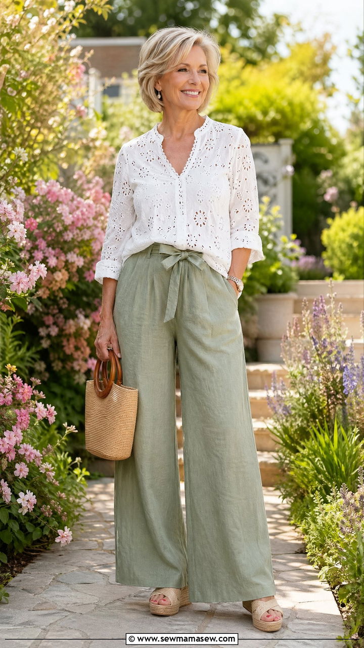 Sage Green Wide Leg Linen Trousers With White Eyelet Blouse - 35 Summer outfits for women over 50