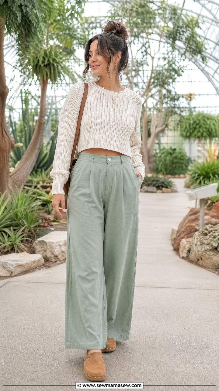 Sage Green Wide Leg Pants With A Cropped Sweater And Cork Clogs - 35 Cork outfit ideas