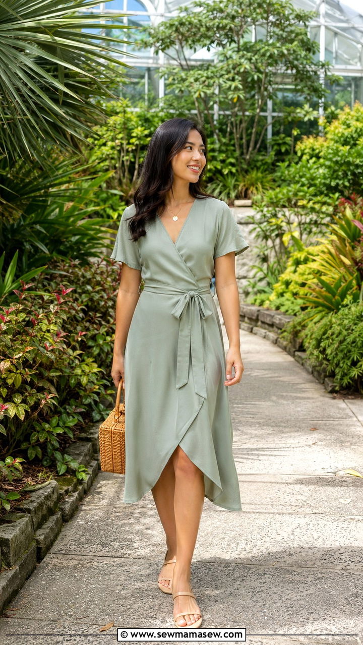 Sage Green Wrap Dress With Nude Sandals - 30 Spring flower field photoshoot outfits
