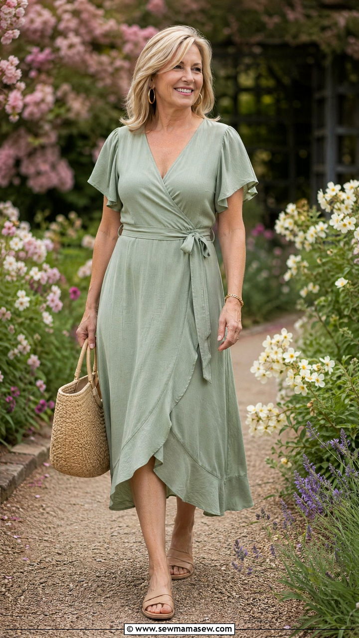 Sage Green Wrap Dress with Flat Nude Sandals - 35 What to wear in spring for women over 50