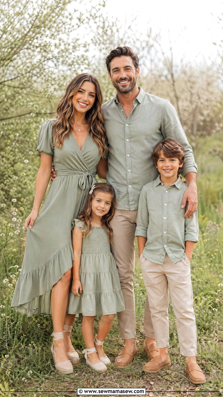 Sage Green and Beige Spring Family Outfit - 35 spring family photoshoot outfit ideas