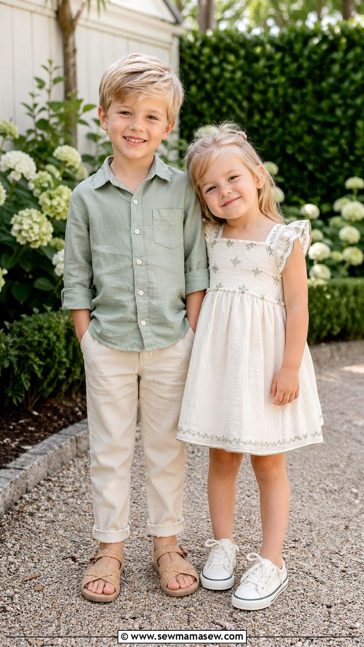 Sage Green and Cream Coordinated Sibling Outfits - 30 Sibling photoshoot outfit ideas