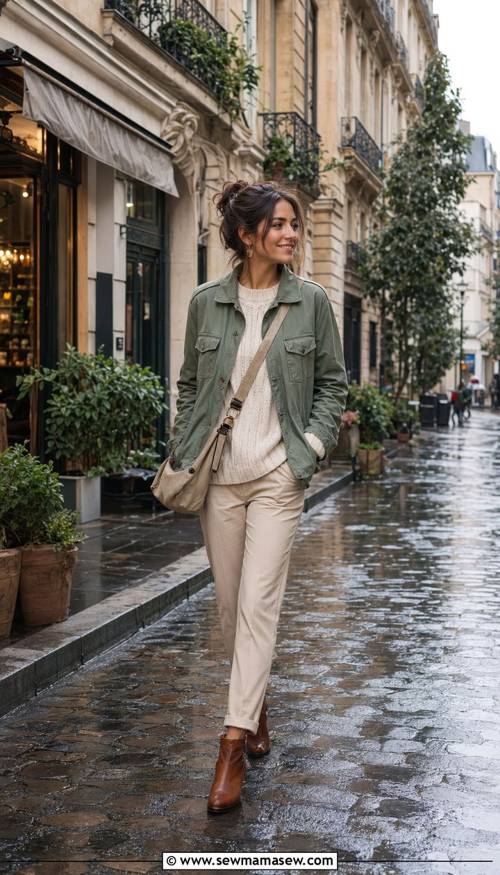 Sage Utility Jacket with Cream Sweater and Beige Trousers - 35 rainy day outfit ideas