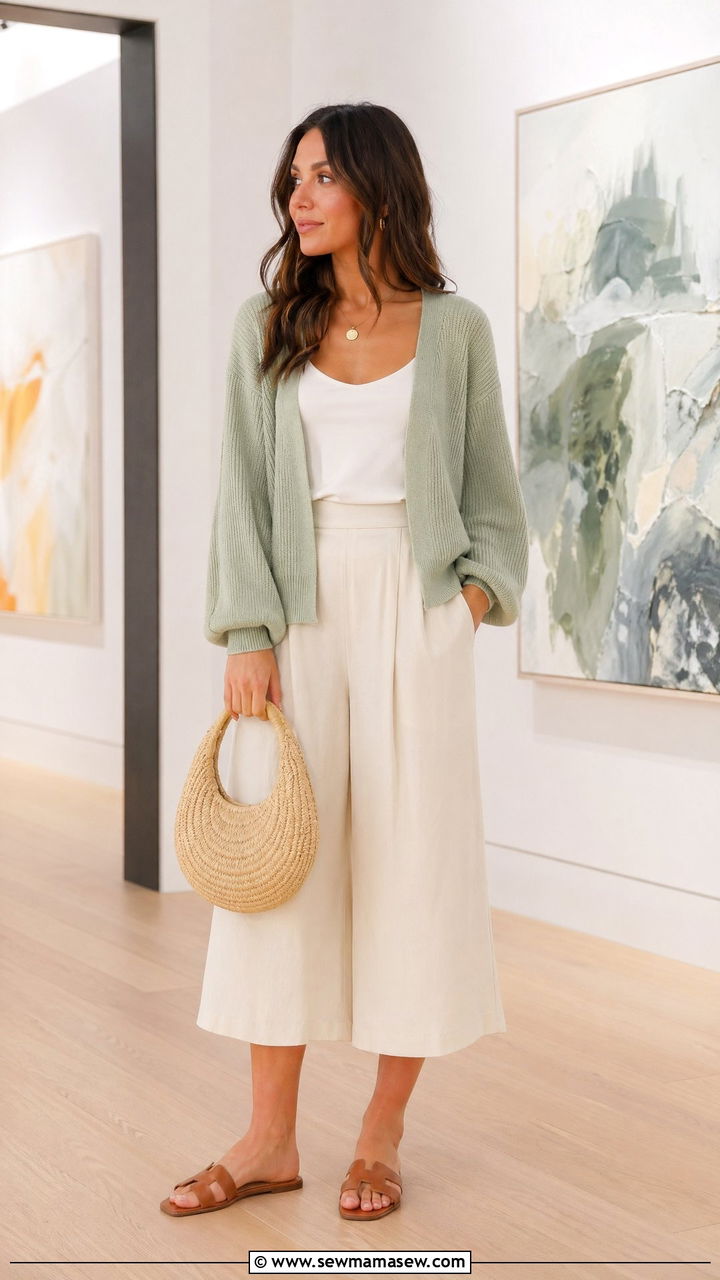 Sage cardigan with flowy culottes - 35 Summer outfits with cardigan