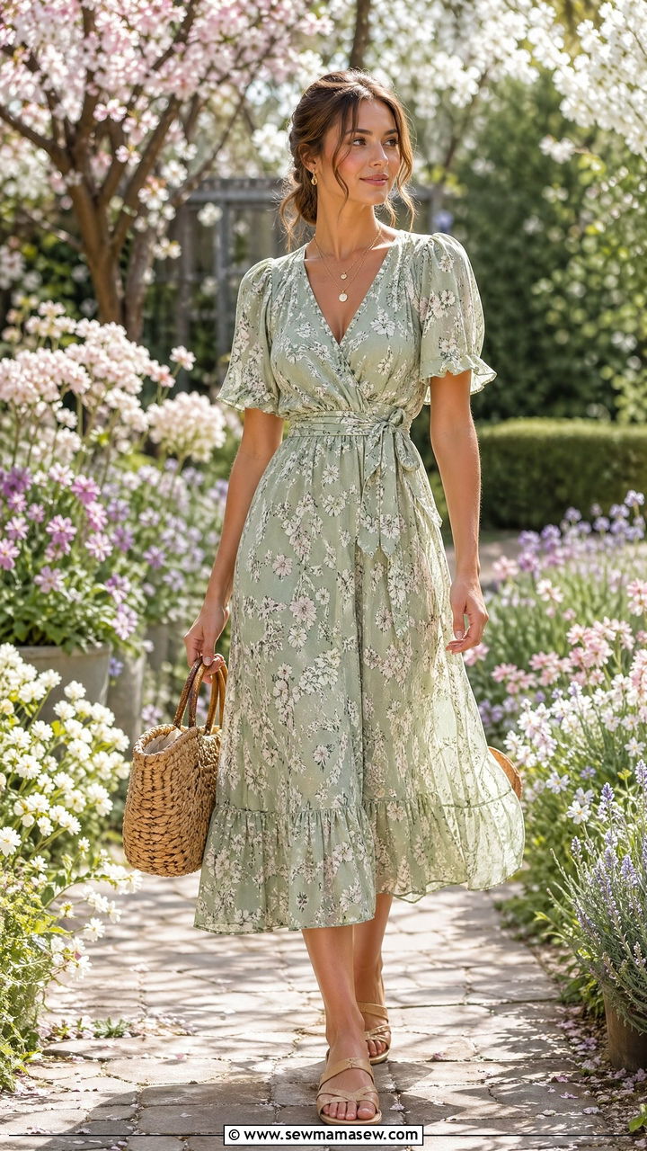 Sage green floral dress with neutral sandals - 35 Spring pastel outfit ideas