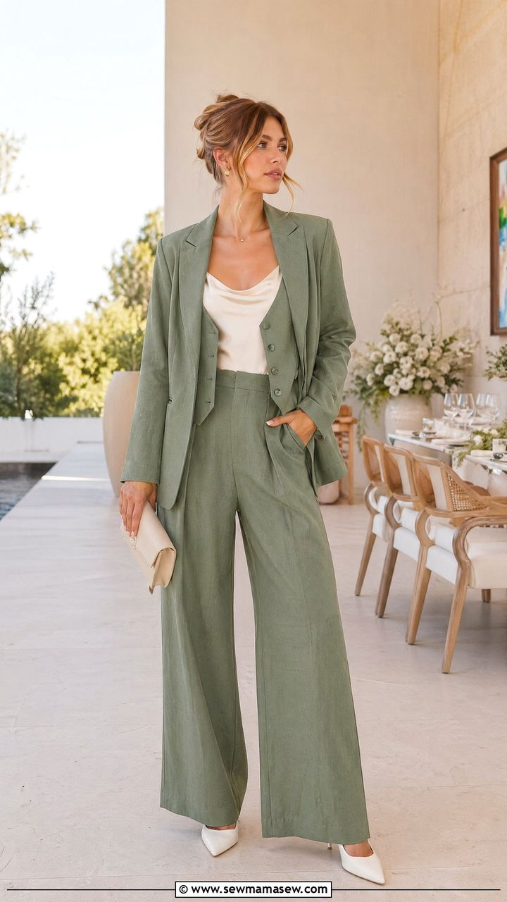 Sage green linen three piece suit wedding guest outfit - 35 Spring 2026 wedding guest outfit ideas