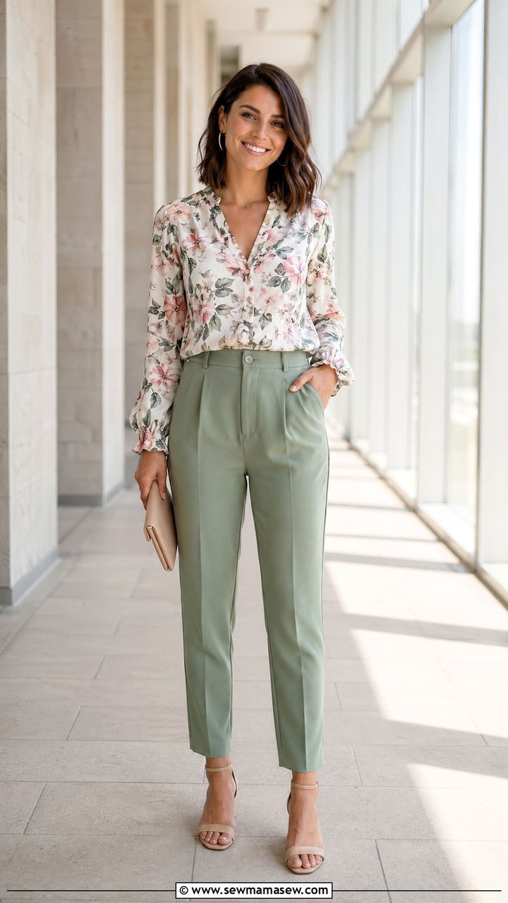 Sage green pants and floral blouse teacher outfit - 35 spring outfits for teachers