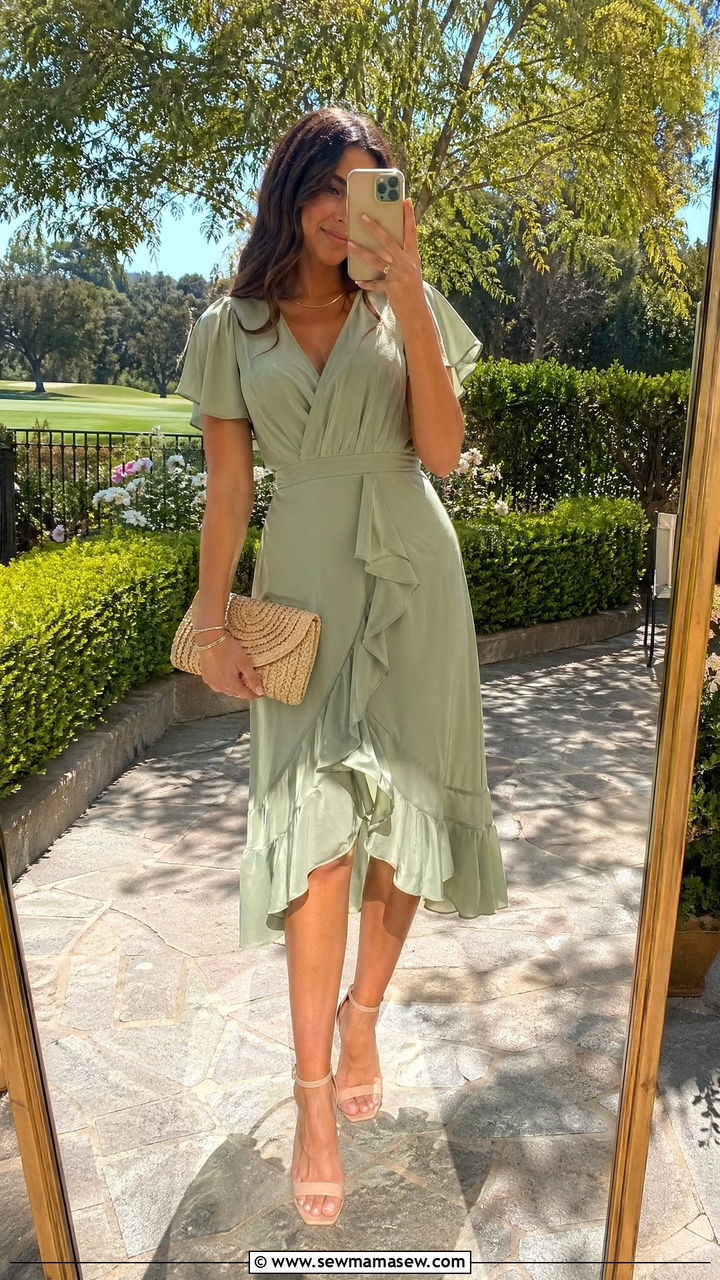 Sage green ruffled midi dress with beige heels - 35 Country club wedding guest outfit ideas