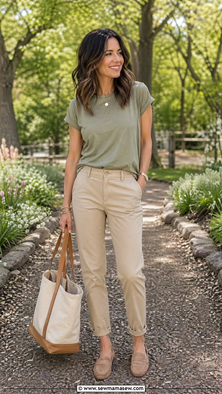 Sage green top and beige chinos spring mom look - 35 Spring capsule wardrobe for moms