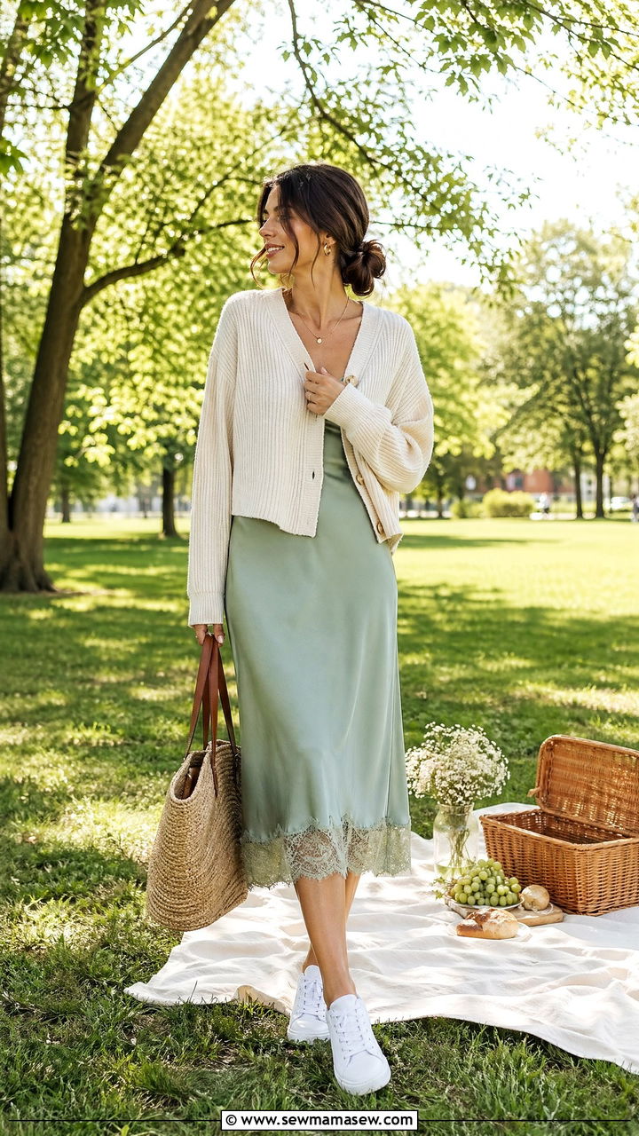Sage slip skirt with cream cardigan outfit - 35 classy spring outfit ideas