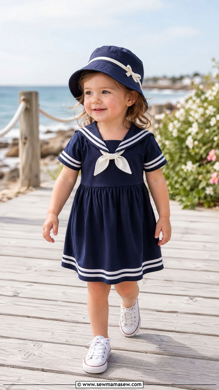 Sailor Style Dress with Bucket Hat and Sneakers - 35 Spring outfits for toddlers
