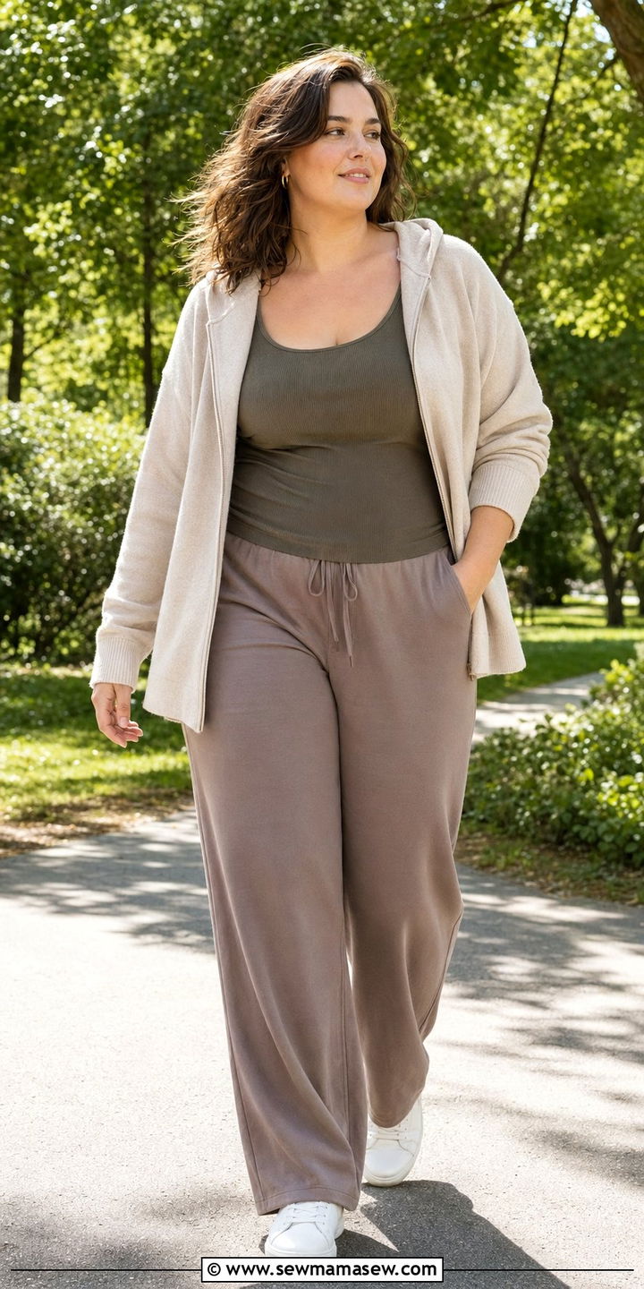 Sand Cashmere Hoodie Layered Over Olive Tank - 35 Plus size gym outfit ideas