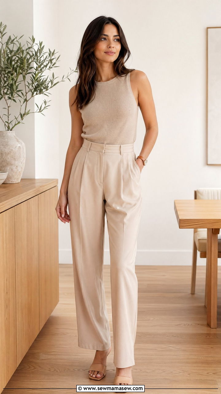 Sand hue pleated trousers and a matching sleeveless knit - 35 what to wear to a job interview