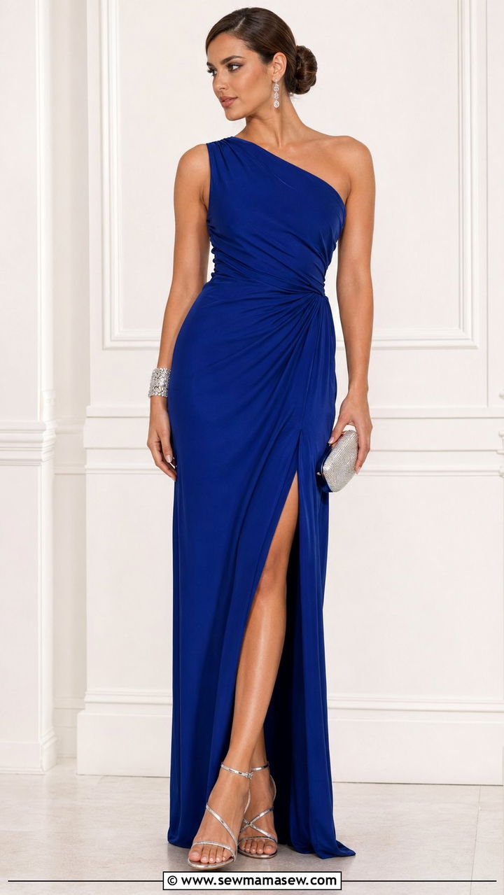 Sapphire Blue One Shoulder Evening Gown - 30 Wedding guest outfit ideas evening gown