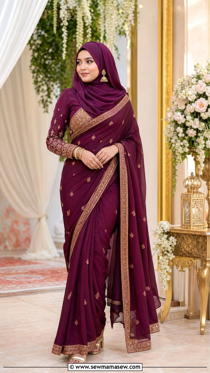 Saree With Long Sleeved Blouse And Chiffon Hijab - 30 wedding guest outfits for hijab women