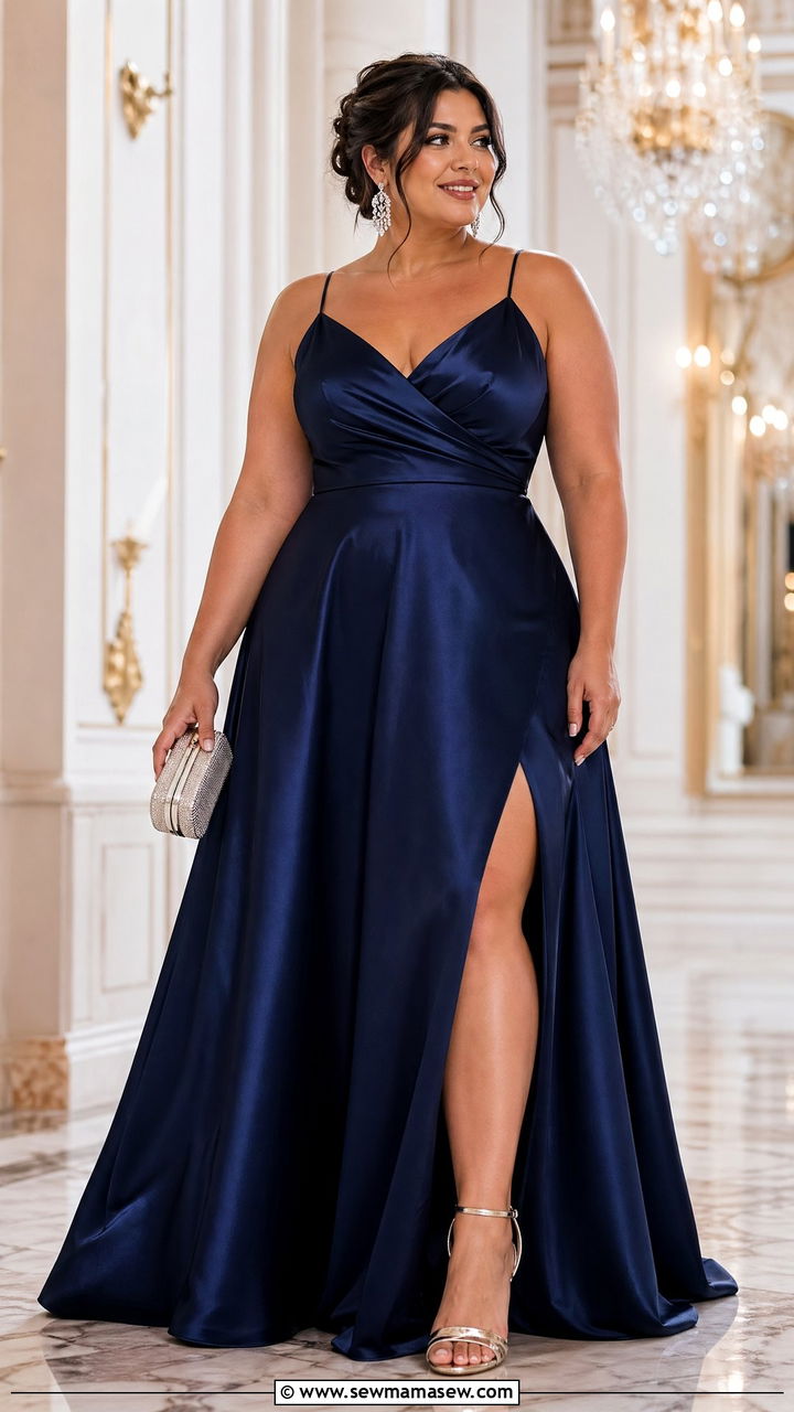 Satin A line gown formal outfit - 35 Curvy girl wedding guest outfits