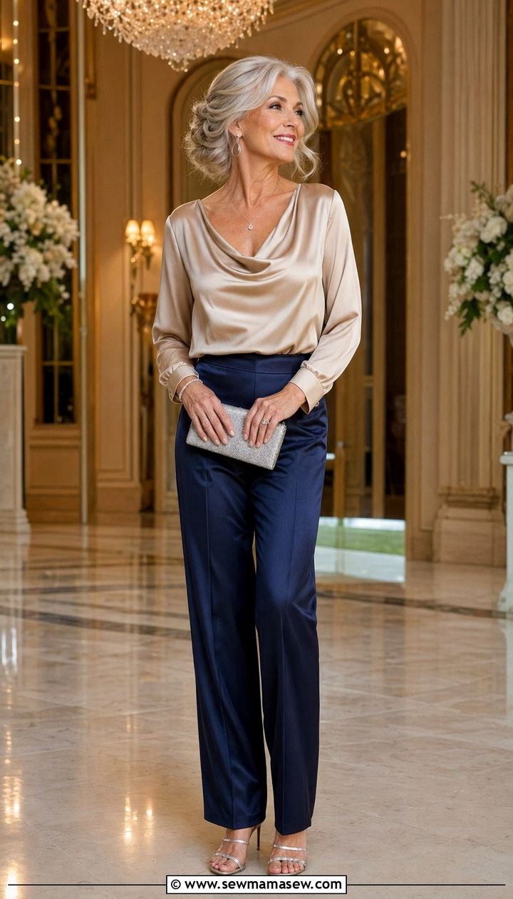 Satin Blouse And Satin Trousers Aging Gracefully Outfit - 30 Aging gracefully outfit ideas