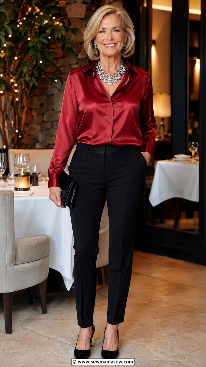 Satin Blouse with Black Trousers and Statement Necklace - 35 Classy outfit ideas for women over 50