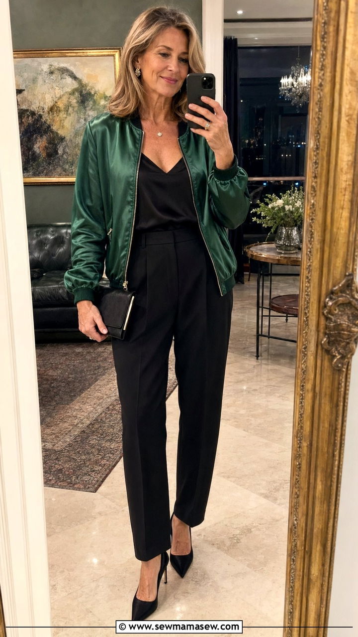Satin Bomber Jacket With Tailored Trousers - 30 Best jackets for women over 50