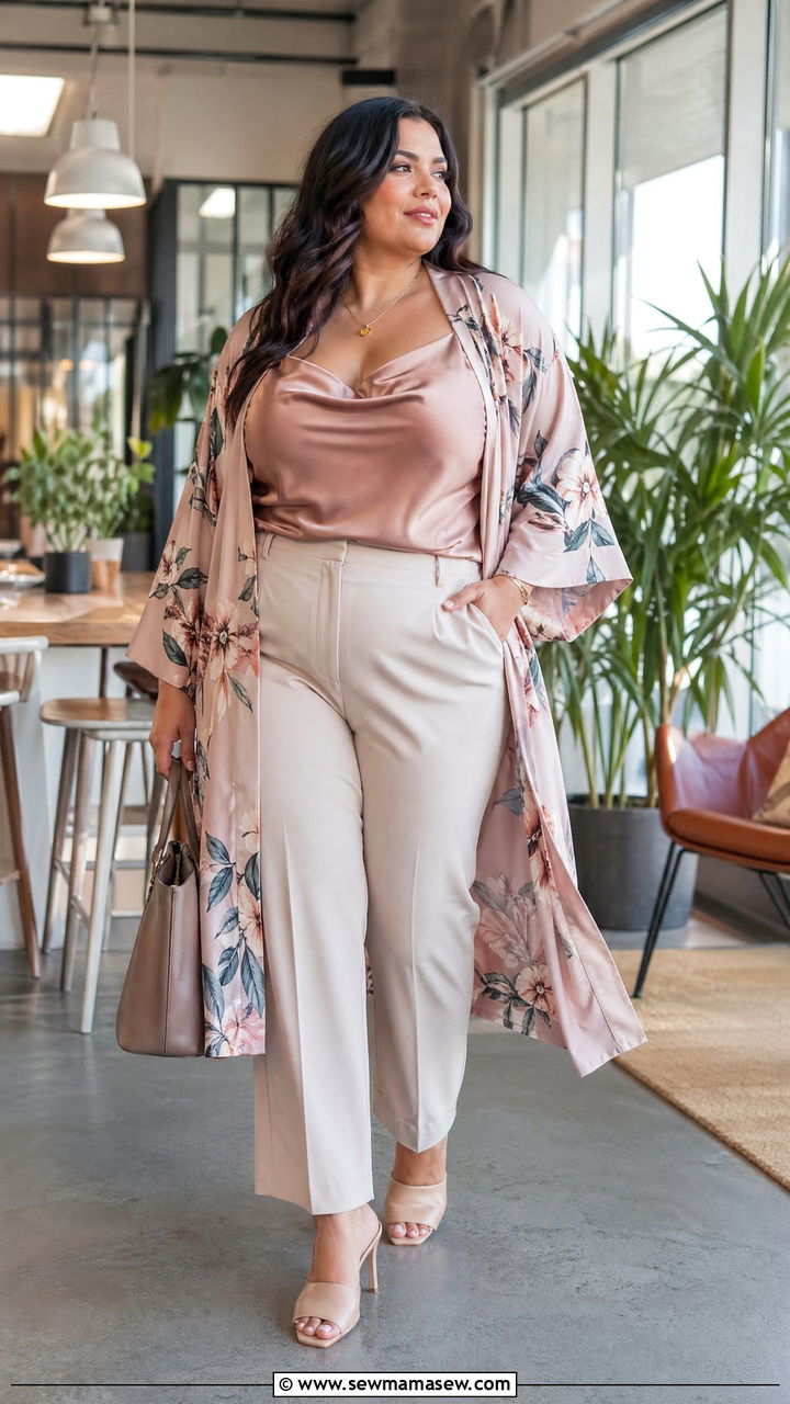 Satin Camisole And Trousers With Kimono Jacket Outfit - 35 work outfits for plus size women
