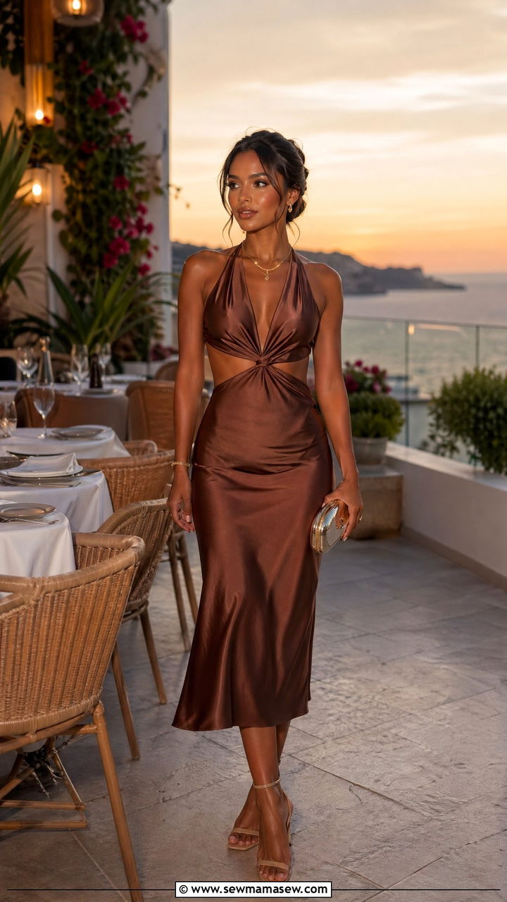 Satin Cocoa Cut Out Dress for Spring Birthday Dinner - 35 Spring birthday outfit ideas