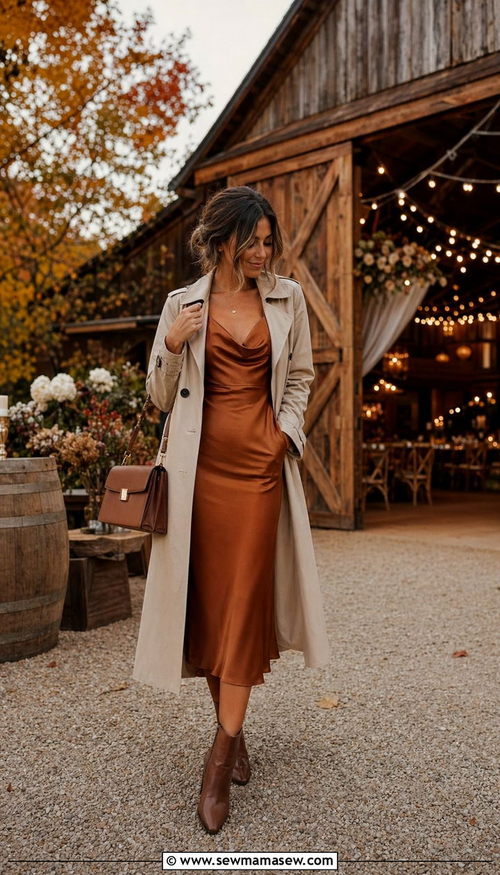 Satin Cowl Neck Dress With Heeled Ankle Boots - 35 Petite outfit ideas for wedding guest