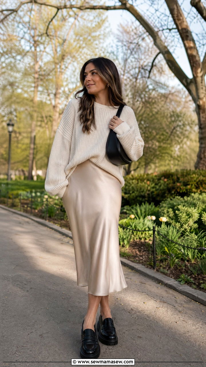 Satin Midi Skirt With A Chunky Knit And Loafers - 35 spring classy outfit ideas