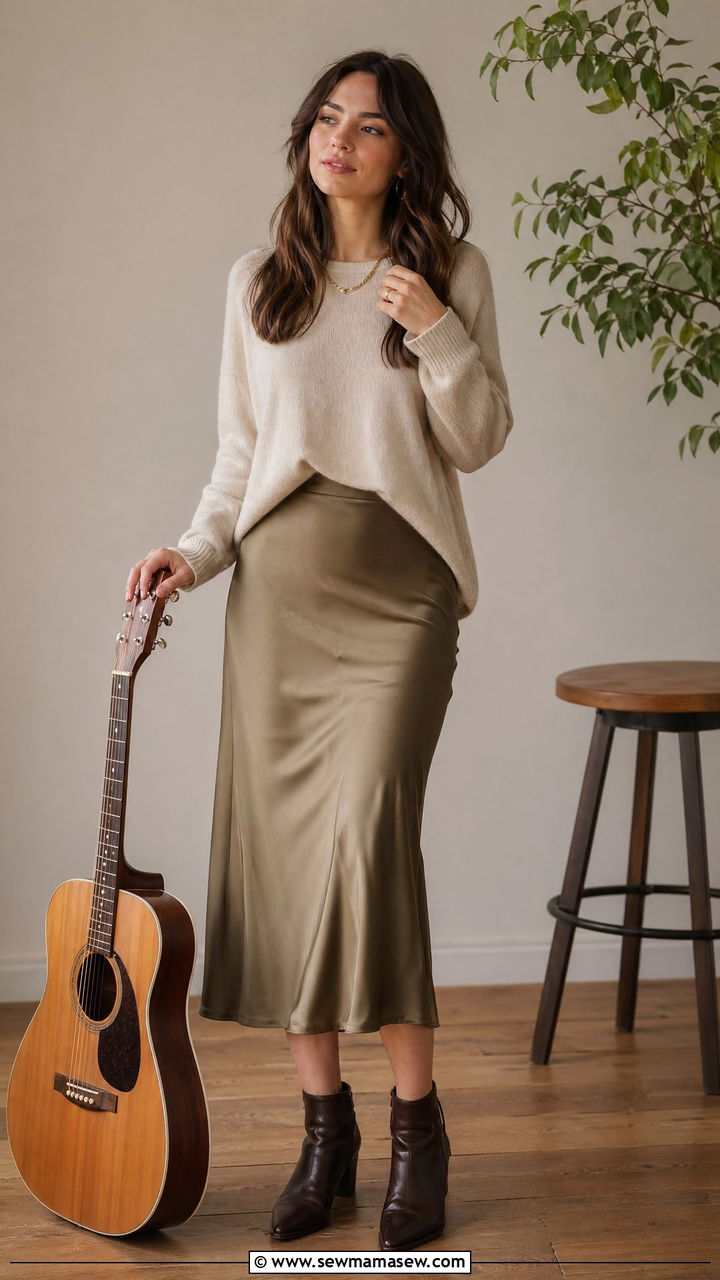 Satin Midi Skirt With A Fine Knit Sweater - 35 classy concert outfits