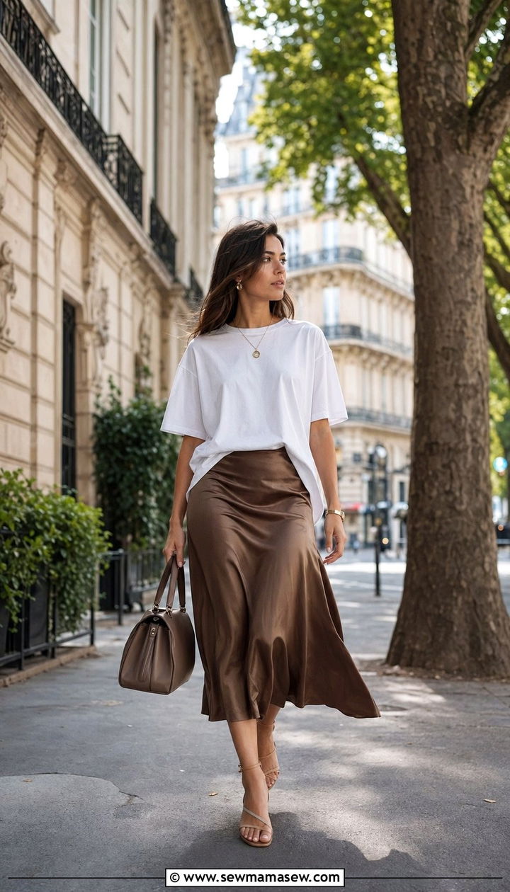 Satin Midi Skirt With An Oversized Tee - 35 Paris summer outfit ideas