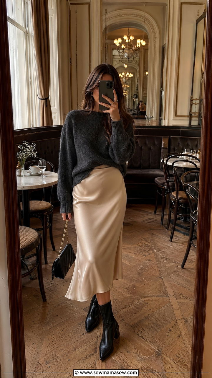 Satin Midi Skirt With Cashmere Sweater And Ankle Boots - 35 Vienna outfit ideas