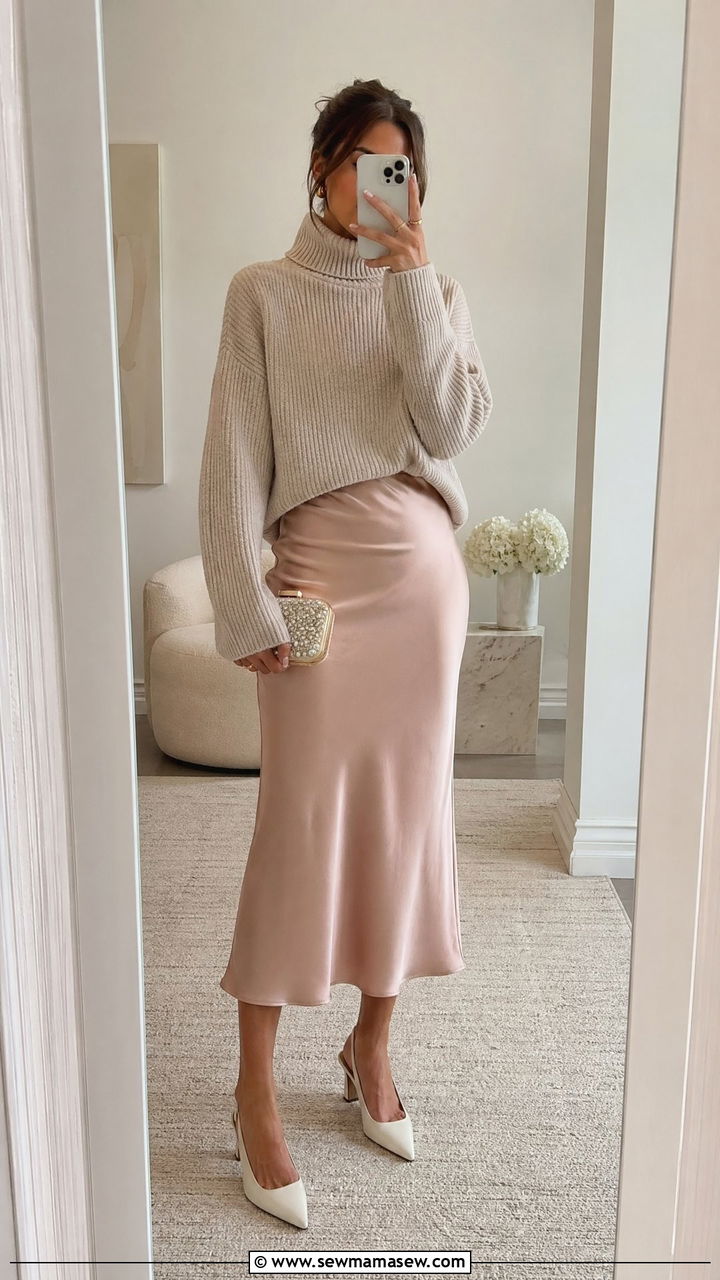 Satin Midi Skirt With Chunky Turtleneck and Slingbacks - 35 Uptown girl outfit ideas