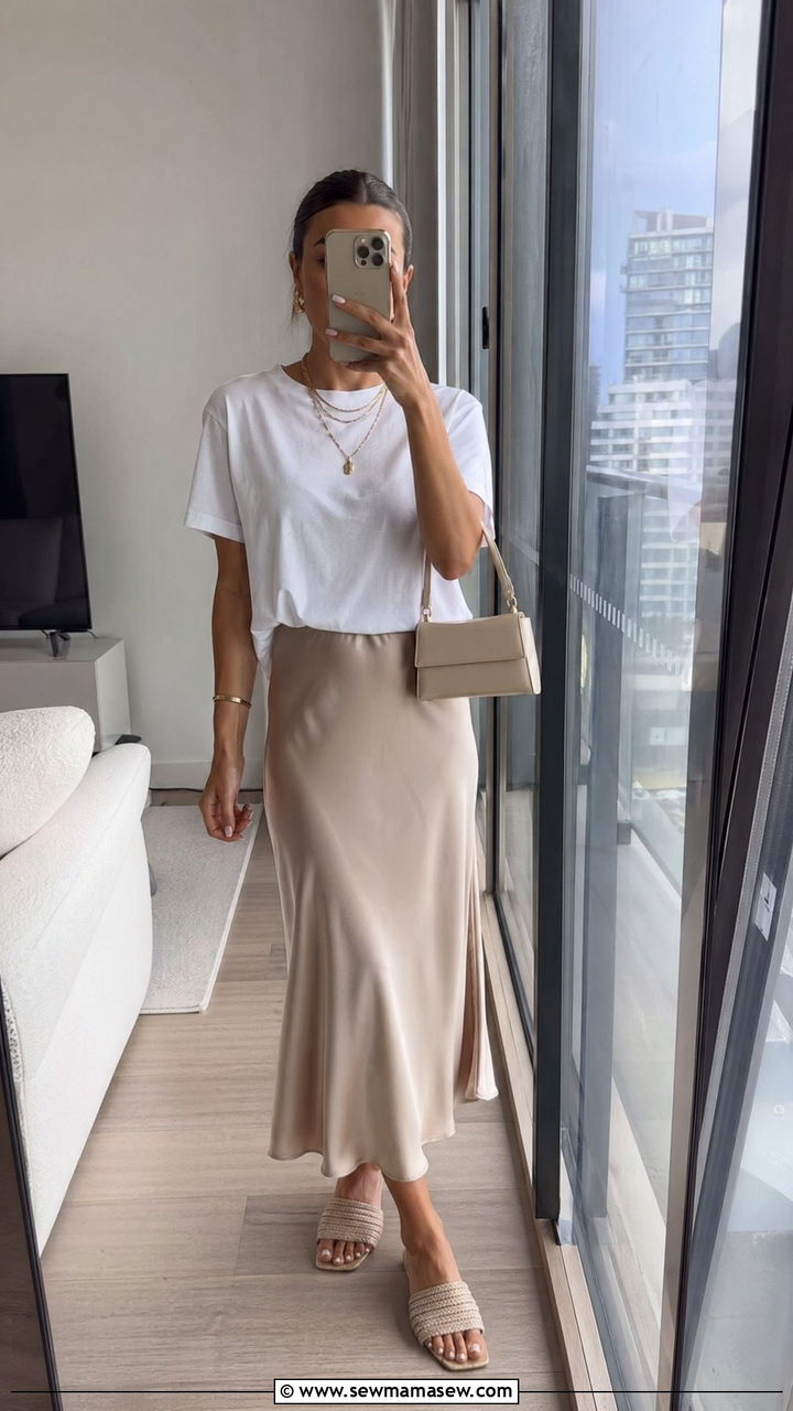 Satin Midi Skirt With Cotton Basic Tee Summer Outlook - 35 Summer outfit essentials 2026