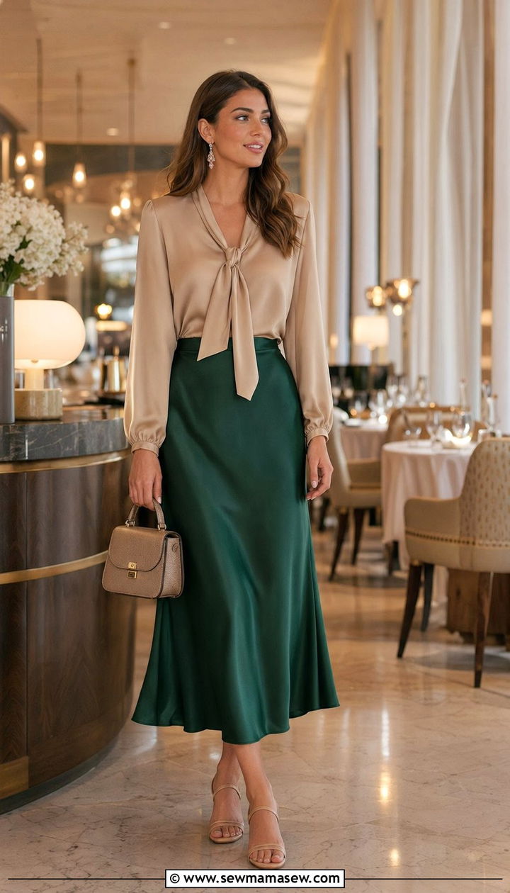 Satin Midi Skirt With Dressy Blouse Evening Travel - 35 Modest outfit ideas for travel