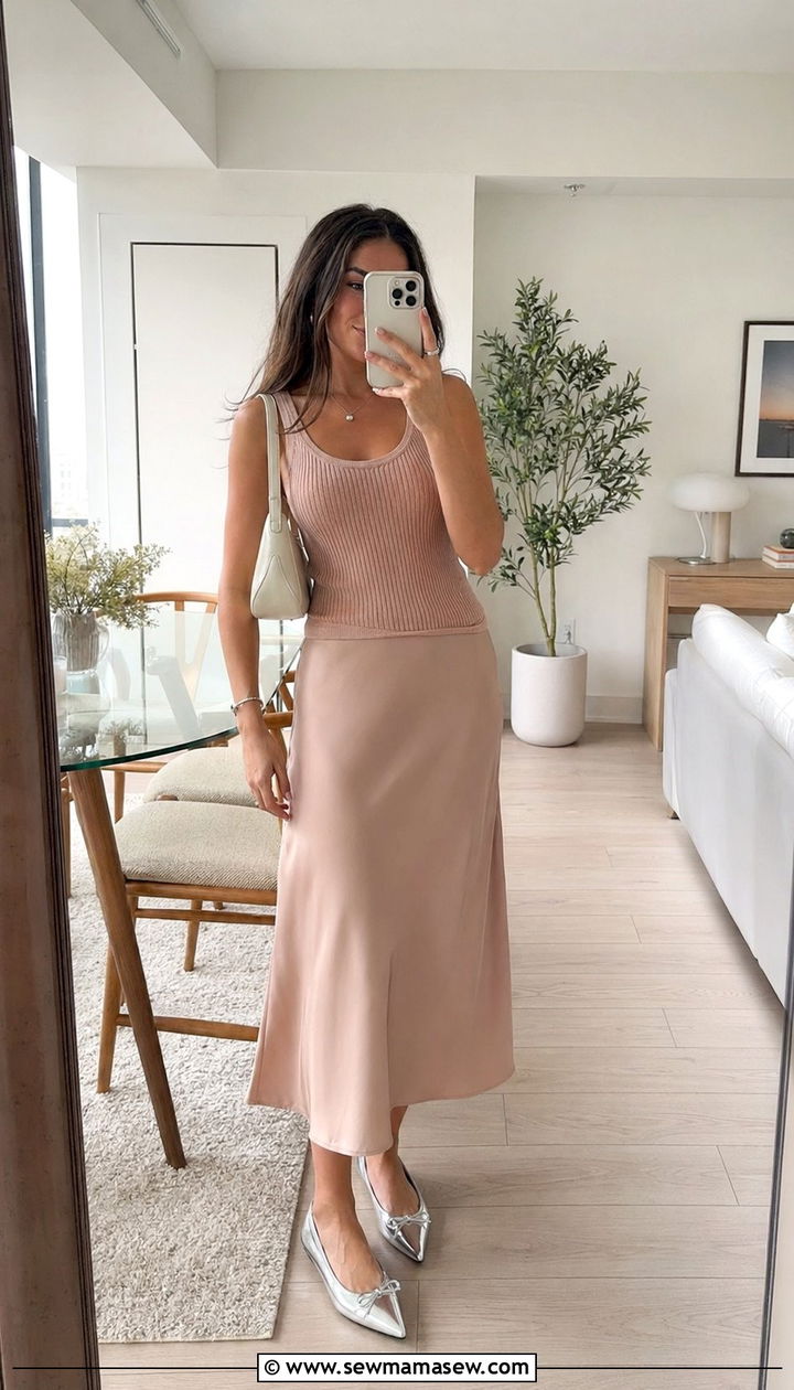Satin Midi Skirt With Knit Tank Top - 30 Aesthetic summer outfit ideas 2026