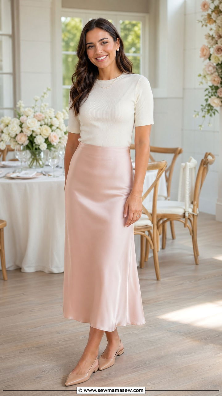 Satin Midi Skirt With Knit Top - 35 spring comfortable outfit ideas
