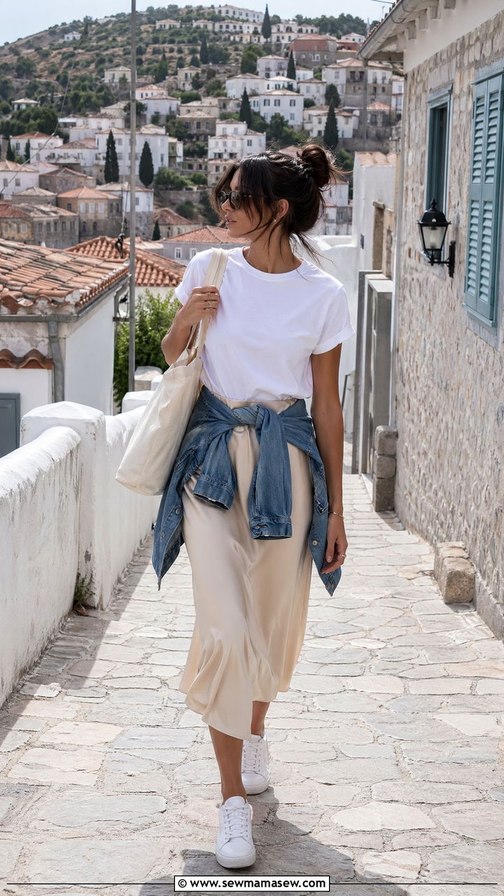 Satin Midi Skirt With Tucked Tee And Denim Jacket - 35 Spring Greece outfit ideas