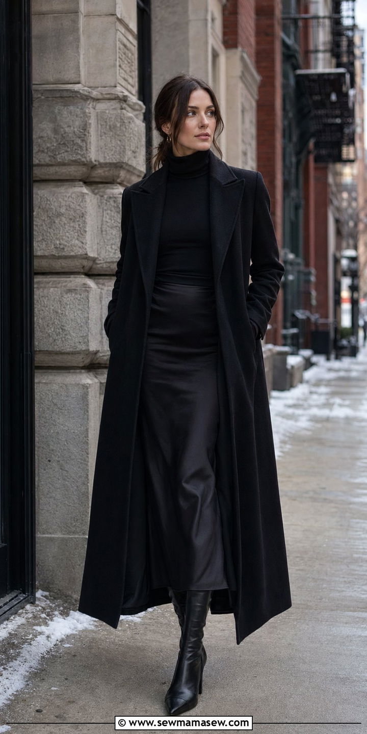 Satin Midi Skirt With Turtleneck - 35 satin skirt outfit ideas for women