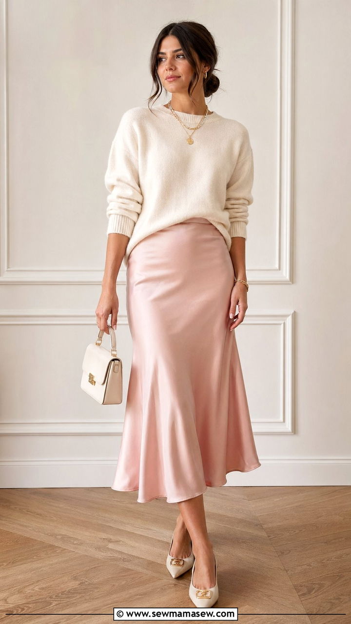 Satin Midi Skirt and Cashmere Sweater - 30 Weekend brunch outfit ideas